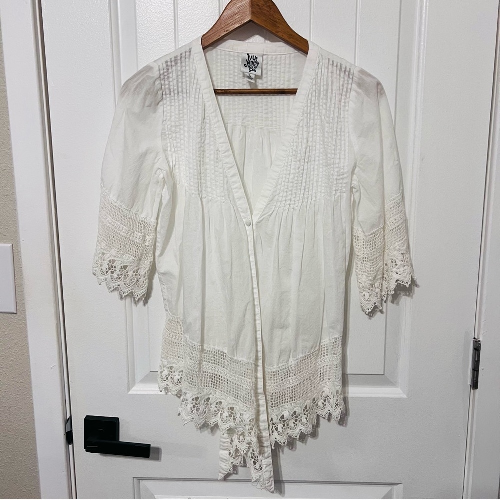 Ivy Jane White Cotton Crochet Jacket Blouse  Boho Babydoll Small